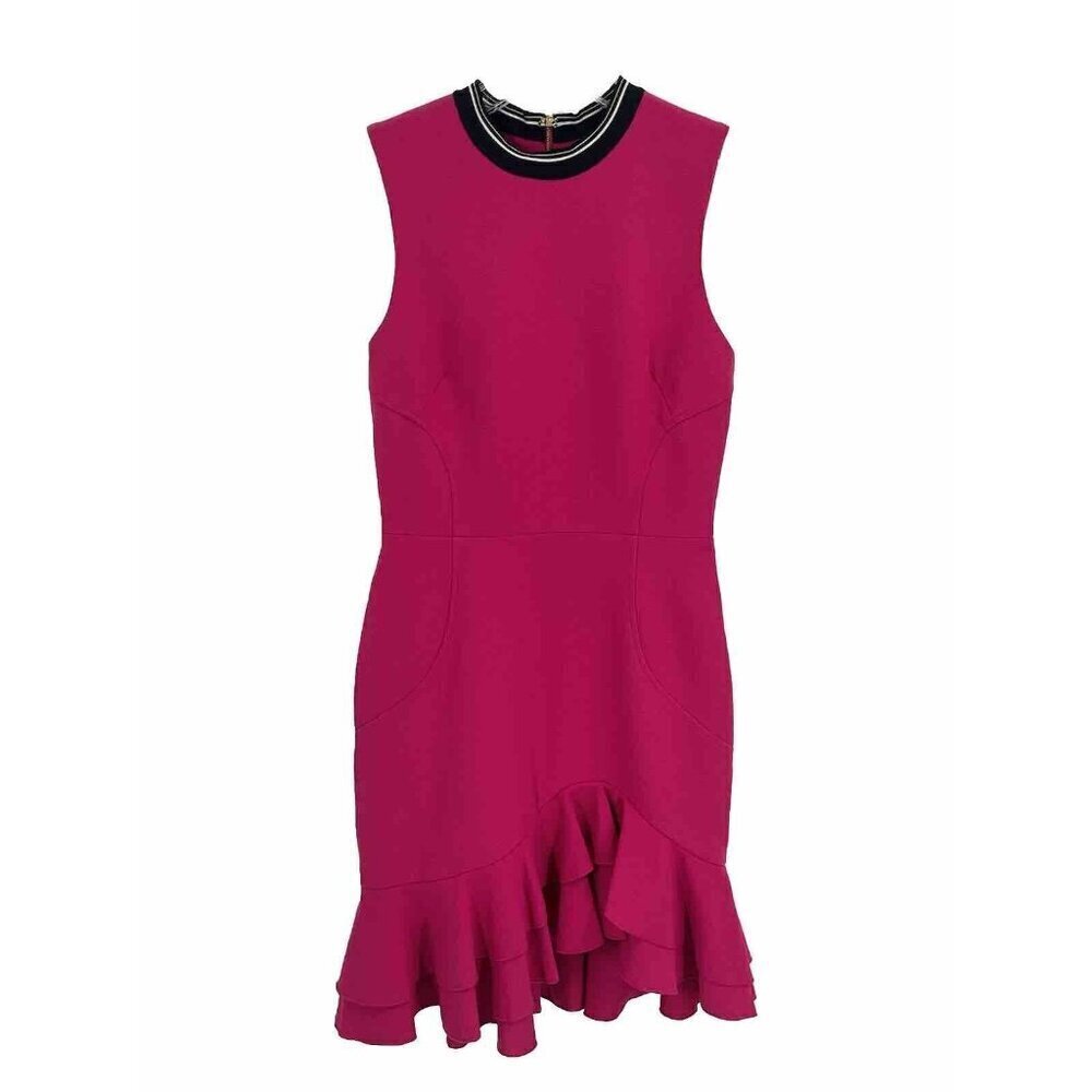 Rebecca Vallance Fuchsia Sleeveless Ruffled Hem Mini Dress with Black-White Trim